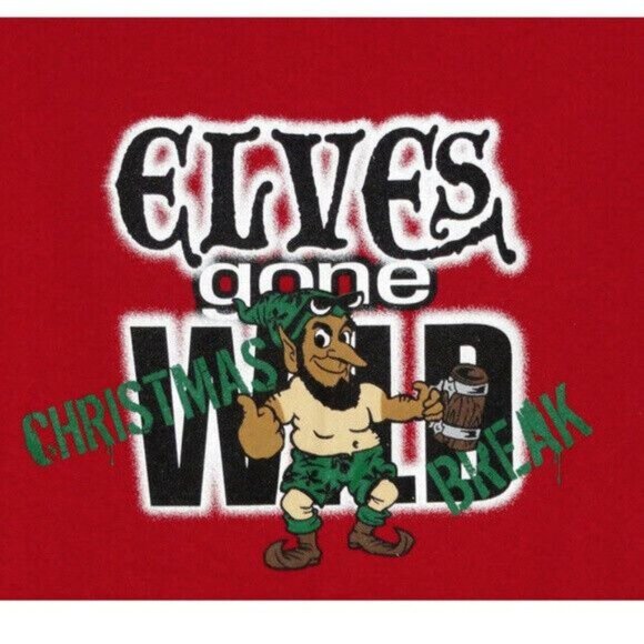 Elves Gone Wild Size S T-Shirt Mens Christmas Graphic Red Holiday Cheer NEW - Picture 2 of 3
